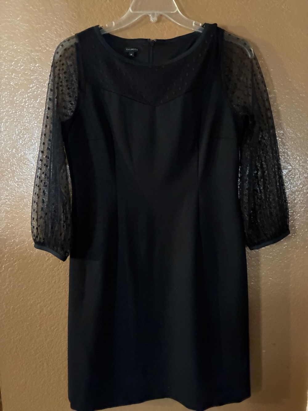 Talbots Black Shift Dress with Sheer Polka-Dot Sleeves